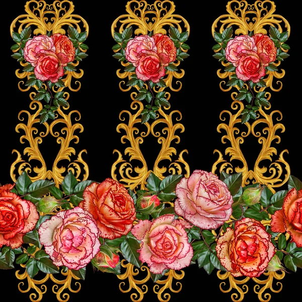 Horizontal floral border. Pattern, seamless. Garland of flowers. Beautiful bright orange rose, buds, green leaves, rough cloth, canvas. Golden curls, shiny tracery weave. Vintage old background.