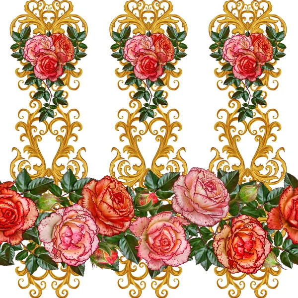 Horizontal floral border. Pattern, seamless. Garland of flowers. Beautiful bright orange rose, buds, green leaves, rough cloth, canvas. Golden curls, shiny tracery weave. Vintage old background.