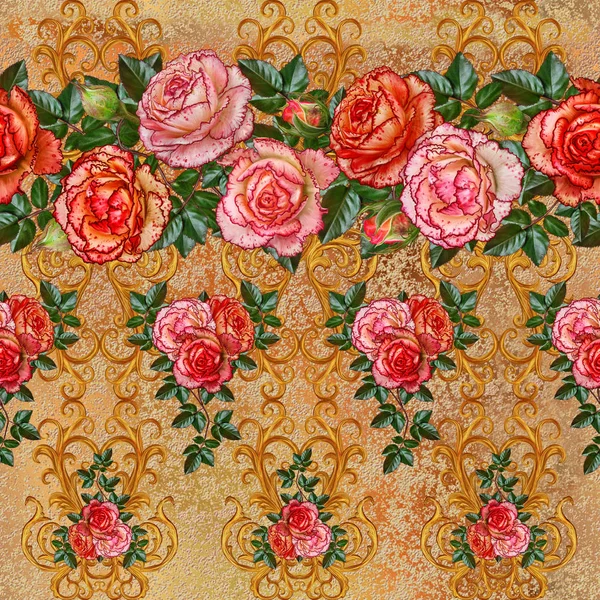 Horizontal floral border. Pattern, seamless. Garland of flowers. Beautiful bright orange rose, buds, green leaves, rough cloth, canvas. Golden curls, shiny tracery weave. Vintage old background.