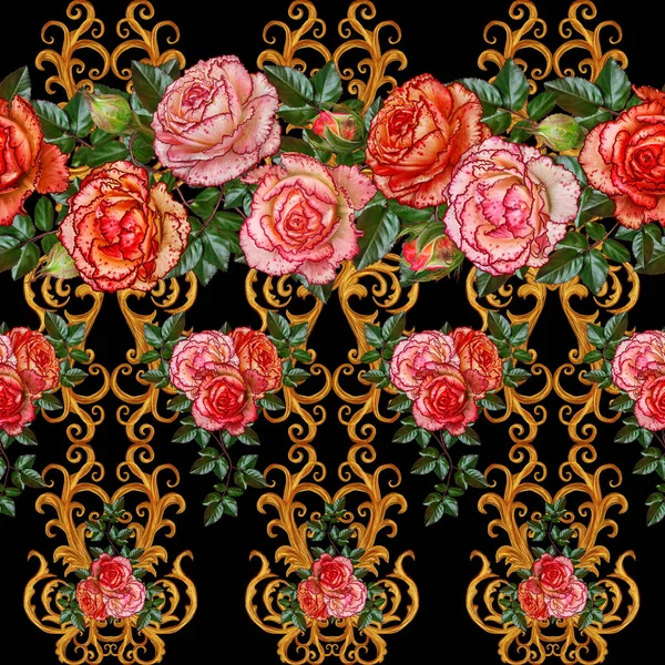 Horizontal floral border. Pattern, seamless. Garland of flowers. Beautiful bright orange rose, buds, green leaves, rough cloth, canvas. Golden curls, shiny tracery weave. Vintage old background. — Stock Photo, Image
