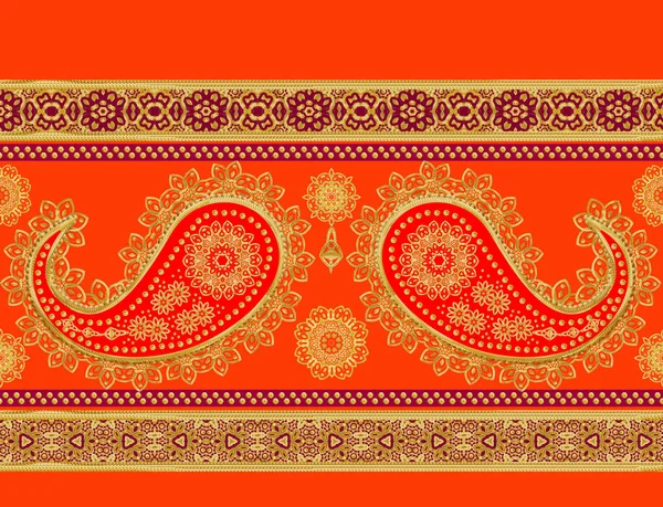 Horizontal border. Pattern, seamless. Gold Indian cucumber, paisley. Stylized flowers, openwork weaving, lace, textile packing element east design. — Stock Photo, Image