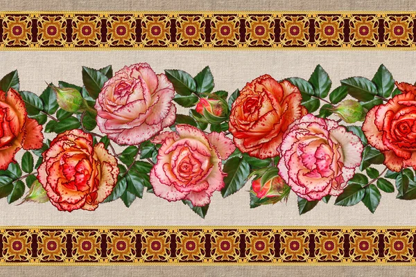 垂直的花卉边框。模式，无缝。花花环精致美丽的玫瑰，绿叶和玫瑰。白色背景上孤立. — 图库照片