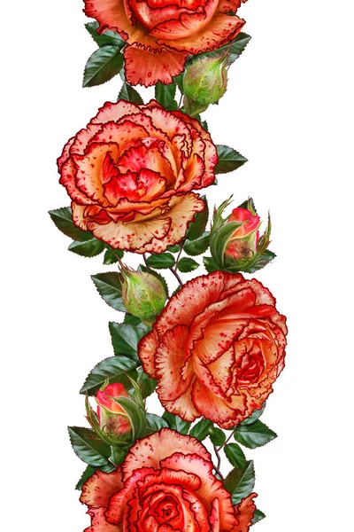 垂直的花卉边框。模式，无缝。花环的橙色明亮美丽的玫瑰，绿叶。金色编织，闪亮的饰品，黑丝绒背景. — 图库照片