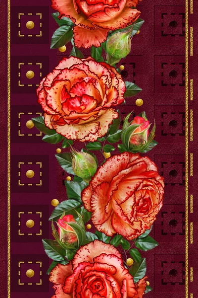 Вертикальные цветочные границы. Шаблон, бесшовный. Цветочные гирлянды оранжевого цвета яркие красивые розы, зеленые листья. . — стоковое фото