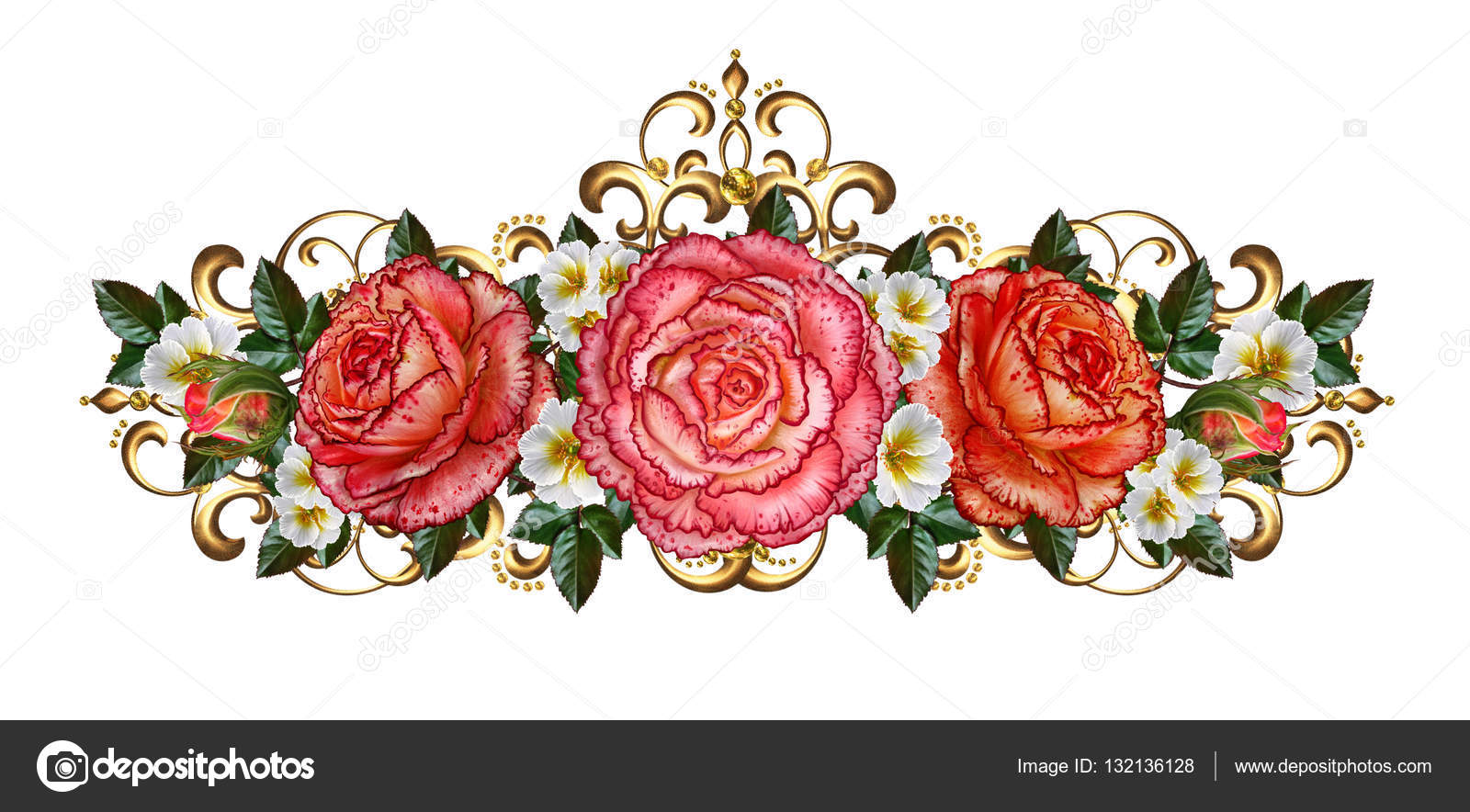 Guirnaldas de flores de rosas naranjas y flores blancas, rizos brillantes,  trenzado de oro calado. Estilo vintage antiguo. Aislado sobre fondo blanco  .: fotografía de stock © sokolova_ #132136128 | Depositphotos