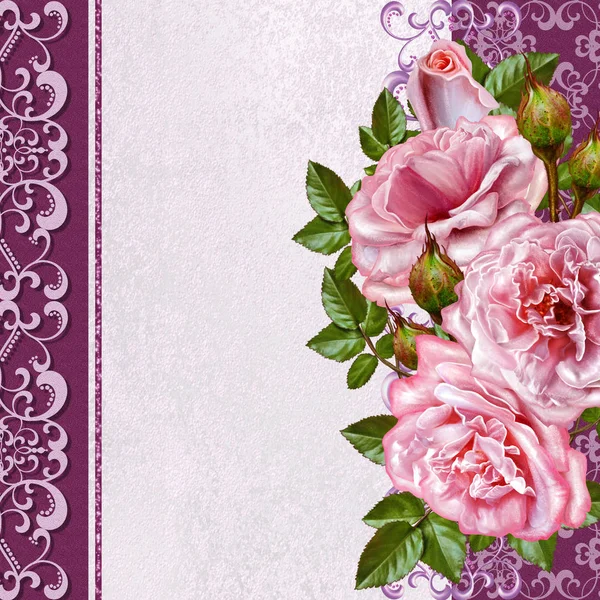 บัตรต้อนรับวินเทจ บัตรเชิญ ช่อดอกไม้, การจัดดอกไม้ของดอกกุหลาบสีชมพูที่ละเอียดอ่อน, ลอนที่ละเอียดอ่อน, สไตล์เก่า . — ภาพถ่ายสต็อก