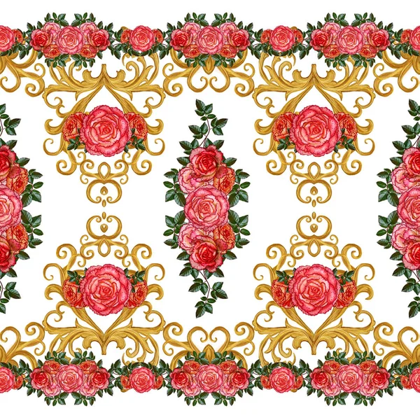 Pattern, seamless, floral border.Garland of flowers. Beautiful bright orange rose, buds, red leaves, rough cloth, canvas. Golden curls, shiny tracery weave. Vintage old background. — Stock Photo, Image