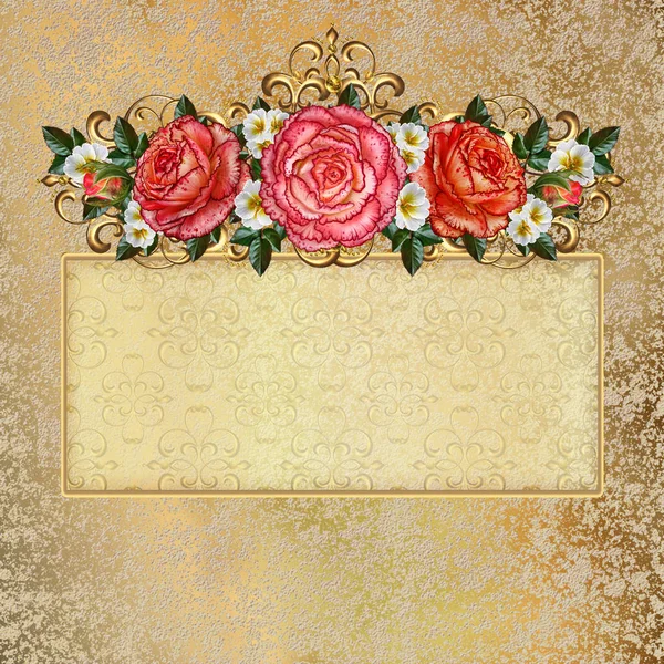 黄金のビンテージ背景。パステル オレンジのバラ、光沢のあるカール、透かし金の花輪の花編み。レトロな古いスタイル。招待カード. — ストック写真