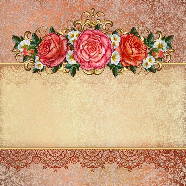 Golden vintage background. Flower garlands of pastel orange roses, shiny curls, openwork gold braiding. Old style retro. Invitation card. — Stock Photo, Image