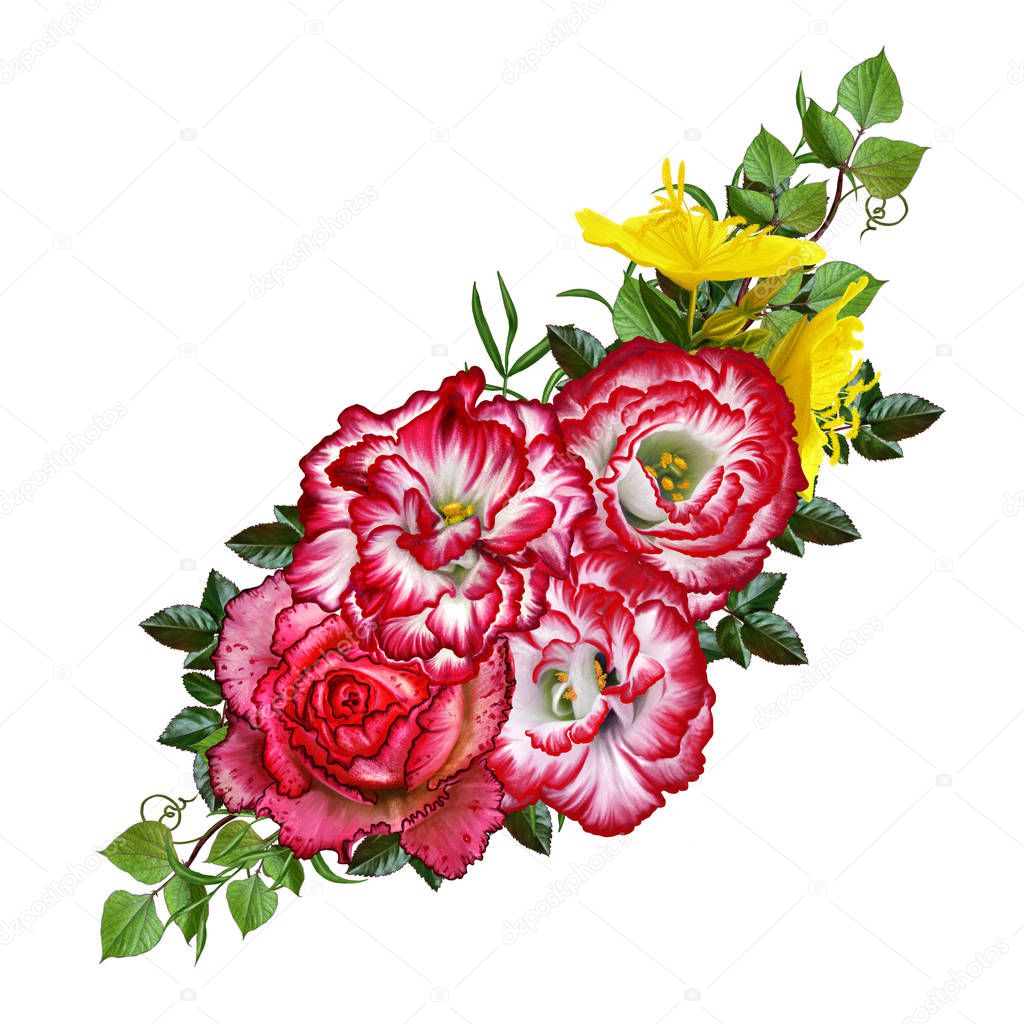 Flower arrangement, bouquet. Rosa bright orange, red, eustoma, yellow flowers and green leaves. Isolated on white background.