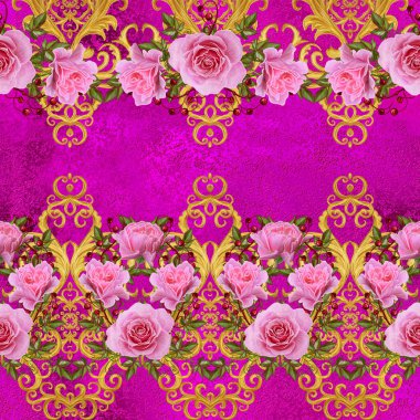 Desen, kesintisiz, çiçek sınır. Çiçek çelenk. Güzel parlak pembe Gül tomurcukları, yaprakları, kaba kumaş, tuval. Altın bukleler, parlak oyma dokuma. Vintage eski arka plan.
