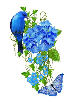 Çiçek kompozisyon. Mavi ortanca güzel, parlak küçük çiçekler, parlak kelebek, büyük bir mavi kuş. Beyaz arka plan üzerinde izole.