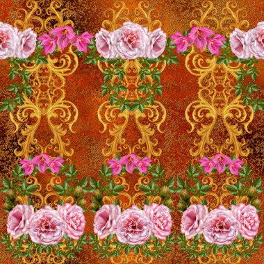 Desen, kesintisiz, çiçek sınır. Çiçek çelenk. Güzel parlak pembe Gül tomurcukları, yaprakları, kaba kumaş, tuval. Altın bukleler, parlak oyma dokuma. Vintage eski arka plan.