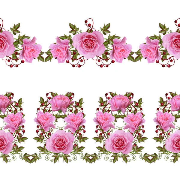 패턴, 완벽 한, 꽃 테두리입니다. 꽃의 화 환입니다. 아름 다운 밝은 핑크 로즈, 새싹, 잎, 거친 천으로, 캔버스. — 스톡 사진