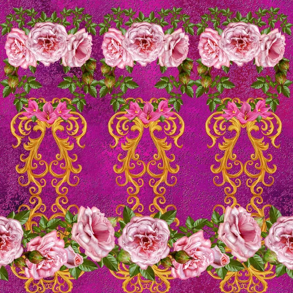 Pattern, seamless, floral border.Garland of flowers. Beautiful bright pink rose, buds, leaves, rough cloth, canvas. Golden curls, shiny tracery weave. Vintage old background. — Stock Photo, Image