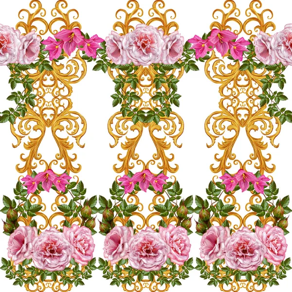 Візерунок, безшовна, квіткова рамка. Красива яскраво-рожева троянда, бутони, листя, груба тканина, полотно. Золоті завитки, блискуче витончене плетіння. Старовинний старий фон . — стокове фото