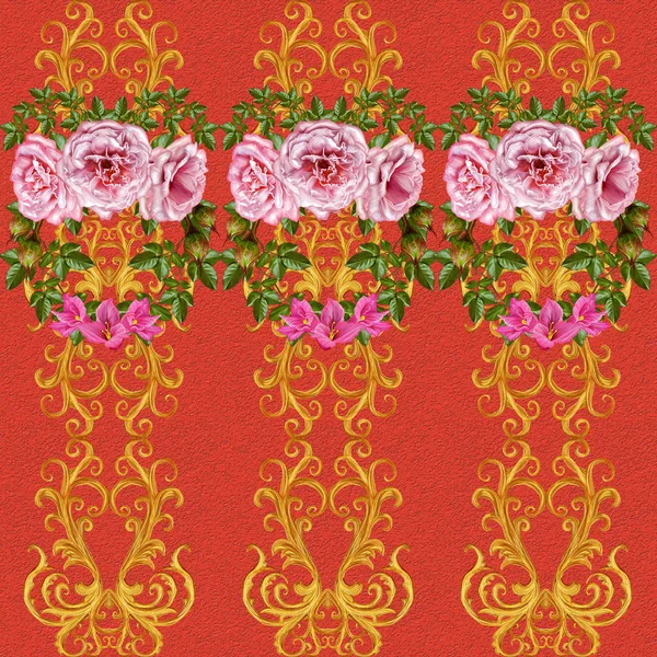 パターンでは、シームレスな花の境界線。花のガーランド。明るいピンクの美しいバラ、芽、葉、粗い布、キャンバス。黄金カール、光沢のある幾何学模様織り。ヴィンテージの古い背景. — ストック写真