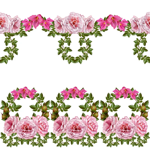 Pattern, seamless, floral border.Garland of flowers. Beautiful bright pink rose, buds, leaves, rough cloth, canvas. — Stock Photo, Image