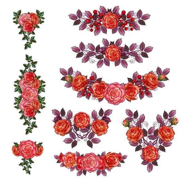 Nastavte. Květinové aranžmá, kytice. Krásné vintage růže oranžové, zelené a červené listy, věnec. Izolované na bílém pozadí. Starý styl. — Stock fotografie