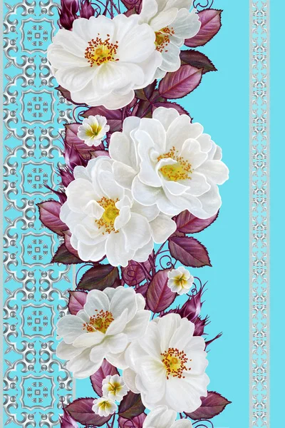 Bordo floreale verticale. Schema, senza soluzione di continuità. Ghirlanda di fiori di rose bianche selvatiche. Tessitura in argento traforato, mosaico . — Foto Stock