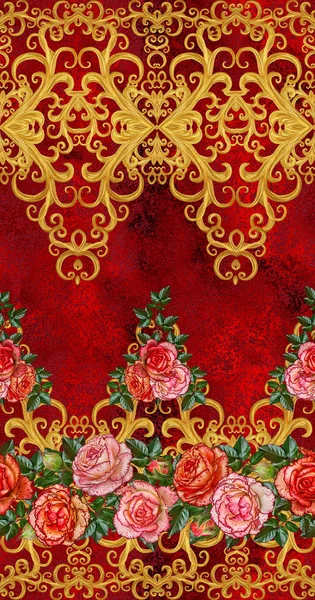 模式，无缝、 花卉边框。加兰的花。美丽明亮的橙色玫瑰，芽，红色的叶子，粗糙的布、 帆布。金色的卷发，闪亮的窗饰编织。老式旧背景. — 图库照片