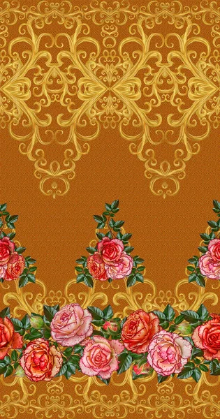 Pattern, seamless, floral border.Garland of flowers. Beautiful bright orange rose, buds, red leaves, rough cloth, canvas. Golden curls, shiny tracery weave. Vintage old background. — Stock Photo, Image