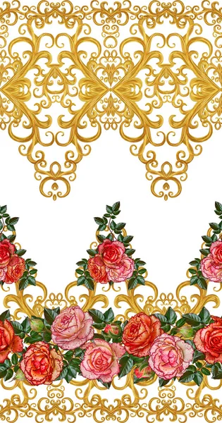 Pattern, seamless, floral border.Garland of flowers. Beautiful bright orange rose, buds, red leaves, rough cloth, canvas. Golden curls, shiny tracery weave. Vintage old background. — Stock Photo, Image