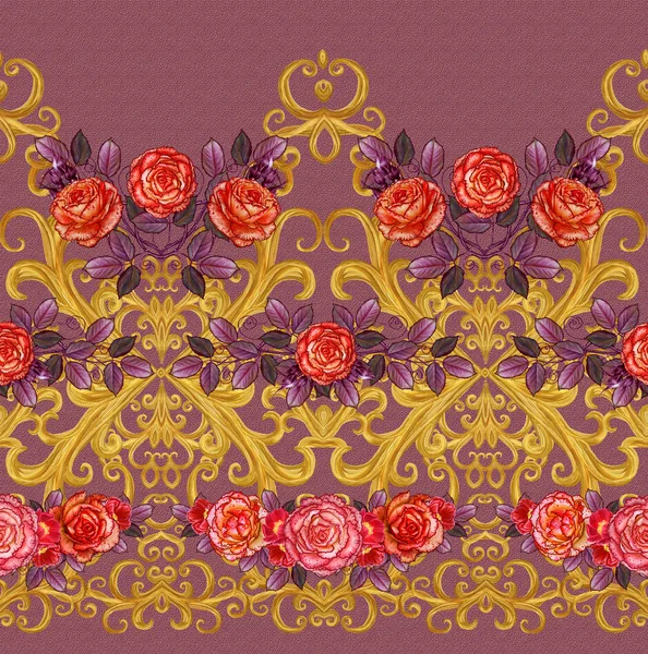 Pattern, seamless, floral border.Garland of flowers. Beautiful bright orange rose, buds, red leaves, rough cloth, canvas. Golden curls, shiny tracery weave. Vintage old background.