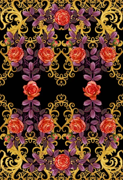 Pattern, seamless, floral border.Garland of flowers. Beautiful bright orange rose, buds, red leaves, rough cloth, canvas. Golden curls, shiny tracery weave. Vintage old background. — Stock Photo, Image