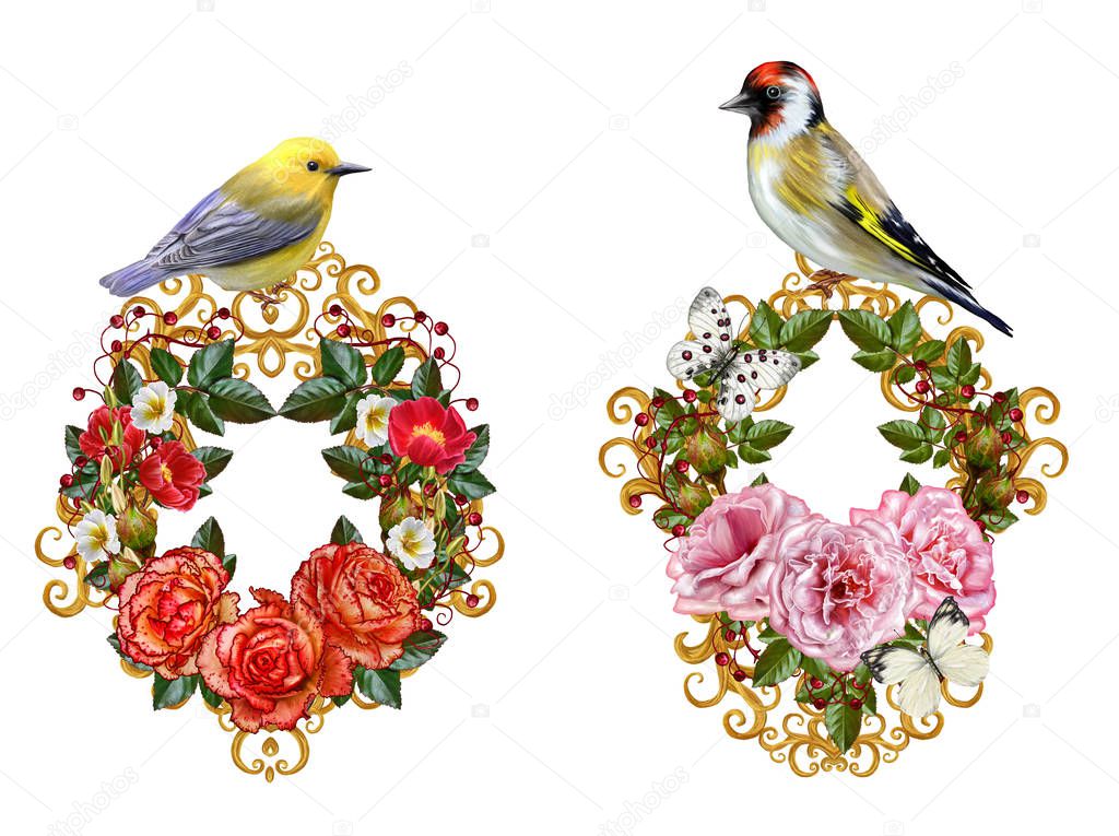 Set. Flower arrangement, bouquet. Beautiful vintage roses, leaves, garland, wreath. Isolated on white background.Openwork gold weaving, jewelery, curls, arabesque. Old style. Bright yellow bird.