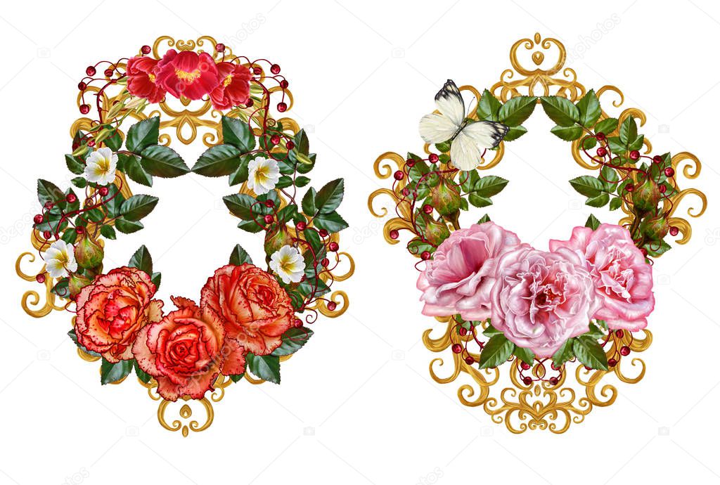 Set. Flower arrangement, bouquet. Beautiful vintage pink roses, green leaves, garland, wreath. Isolated on white background.Openwork gold weaving, jewelery, curls, arabesque. Old style.