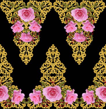 Desen, kesintisiz, çiçek sınır. Çiçek çelenk. Güzel parlak pembe Gül tomurcukları, yaprakları, kaba kumaş, tuval. Altın bukleler, parlak oyma dokuma. Vintage eski arka plan.