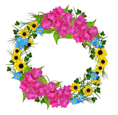 Çiçek kompozisyon. Garland, önümüzdeki pembe ortancaları, yeşil yaprak ve dal. Beyaz arka plan üzerinde izole.