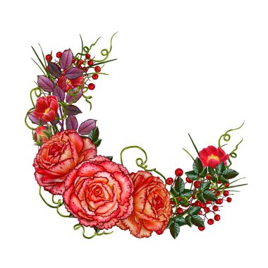 Çiçek kompozisyon. Garland, buket güzel turuncu gül, yeşil yaprakları ve çırpı. Beyaz arka plan üzerinde izole.