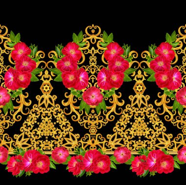 Desen, kesintisiz, çiçek sınır. Çiçek çelenk. Güzel parlak kırmızı gül tomurcukları, yaprakları, kaba kumaş, tuval. Altın bukleler, parlak oyma dokuma. Vintage eski arka plan.