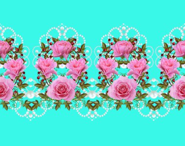 Yatay çiçek sınır. Desen, sorunsuz. Narin pembe Gül, yeşil yaprakları ve parlak kırmızı meyveler çiçek çelenk. Ajur dantel, dokuma, inci kompozisyon boncuk.