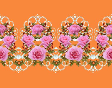 Yatay çiçek sınır. Desen, sorunsuz. Narin pembe Gül, yeşil yaprakları ve parlak kırmızı meyveler çiçek çelenk. Ajur dantel, dokuma, inci kompozisyon boncuk.