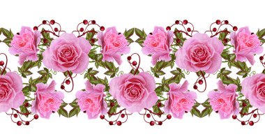 Yatay çiçek sınır. Desen, sorunsuz. Narin pembe Gül, yeşil yaprakları ve parlak kırmızı meyveler çiçek çelenk. Ajur dantel, dokuma, inci kompozisyon boncuk.