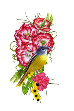 Flower arrangement, bouquet. Bright red eustoma, small pink, crimson flowers, green grass and leaves. Isolated on white background. Beautiful yellow bird sitting on a branch. clipart