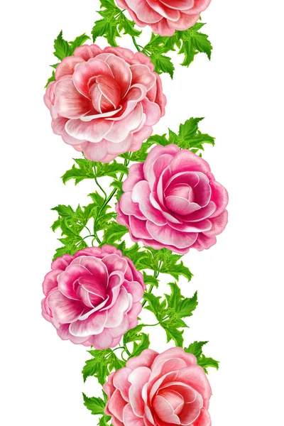Pionowe granica kwiatowy. Wzór, bez szwu. Girlanda kwiatów róż i delikatne róże piękne, zielone liście. Wzory ozdobnych, mozaiki. — Zdjęcie stockowe