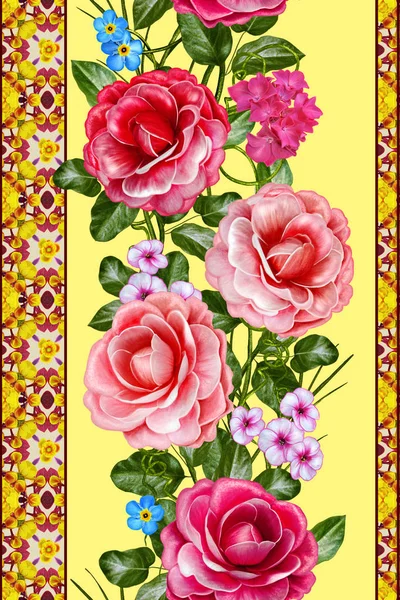 Vertical floral border. Pattern, seamless. Flower garland of roses and delicate beautiful roses, green leaves. Isolated on white background. — Stock Photo, Image