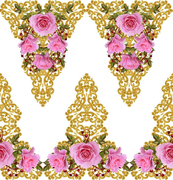 パターンでは、シームレスな花の境界線。花のガーランド。明るいピンクの美しいバラ、芽、葉、粗い布、キャンバス。黄金カール、光沢のある幾何学模様織り。ヴィンテージの古い背景. — ストック写真
