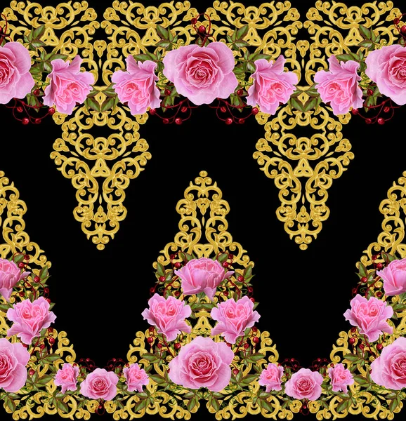 Pattern, seamless, floral border.Garland of flowers. Beautiful bright pink rose, buds, leaves, rough cloth, canvas. Golden curls, shiny tracery weave. Vintage old background.