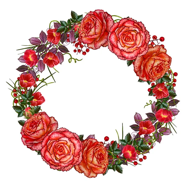 Composição da flor. Garland, buquê de belas rosas laranja, folhas verdes e galhos. Isolado sobre fundo branco . — Fotografia de Stock