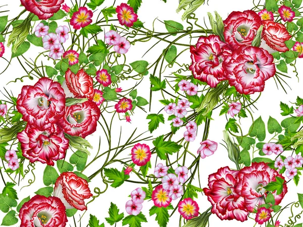 Patroon, naadloze, floral grens. Bloemstuk, boeket, rode eustoma, kleine prachtige kleurrijke bloemen, gras en bladeren, takken. — Stockfoto