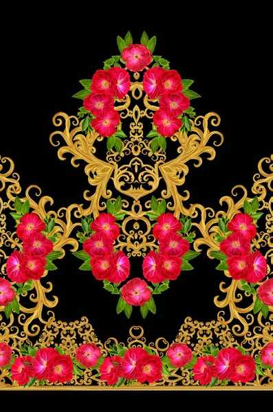 Pattern, seamless, floral border.Garland of flowers. Beautiful bright red rose, buds, leaves, rough cloth, canvas. Golden curls, shiny tracery weave. Vintage old background. — Stock Photo, Image