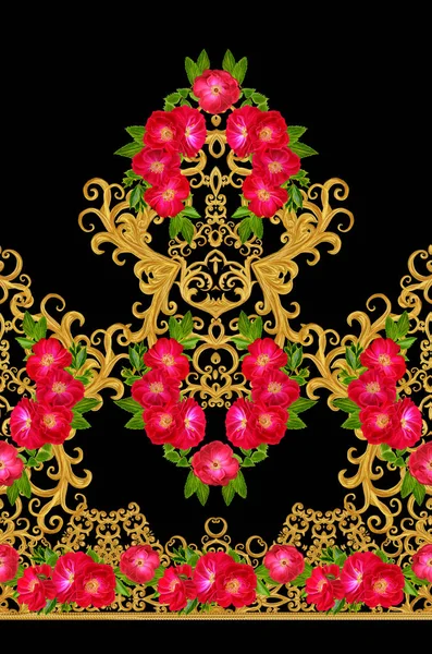 Pattern, seamless, floral border.Garland of flowers. Beautiful bright red rose, buds, leaves, rough cloth, canvas. Golden curls, shiny tracery weave. Vintage old background.