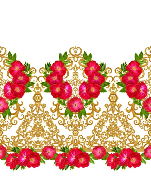 模式，无缝、 花卉边框。加兰的花。美丽明亮的红色玫瑰、 芽、 叶、 粗糙的布、 帆布。金色的卷发，闪亮的窗饰编织。老式旧背景. — 图库照片