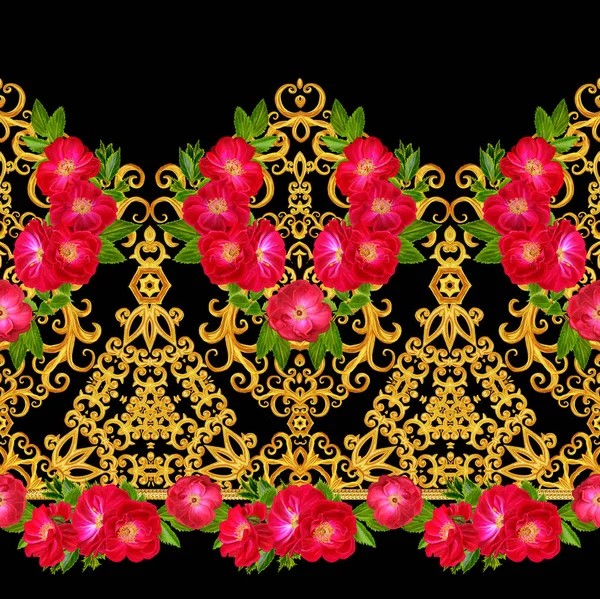 Pattern, seamless, floral border.Garland of flowers. Beautiful bright red rose, buds, leaves, rough cloth, canvas. Golden curls, shiny tracery weave. Vintage old background. — Stock Photo, Image