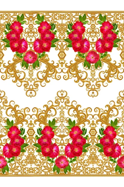 Pattern, seamless, floral border.Garland of flowers. Beautiful bright red rose, buds, leaves, rough cloth, canvas. Golden curls, shiny tracery weave. Vintage old background.